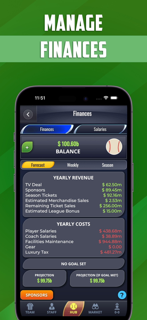 Financial management dashboard in the Ultimate Pro Baseball GM mobile app