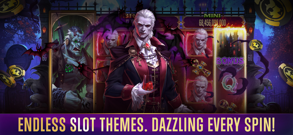 Lucky Bang: Online Casino - Máquina tragamonedas con temática de terror con personajes de vampiros y monstruos en Lucky Bang Casino Online