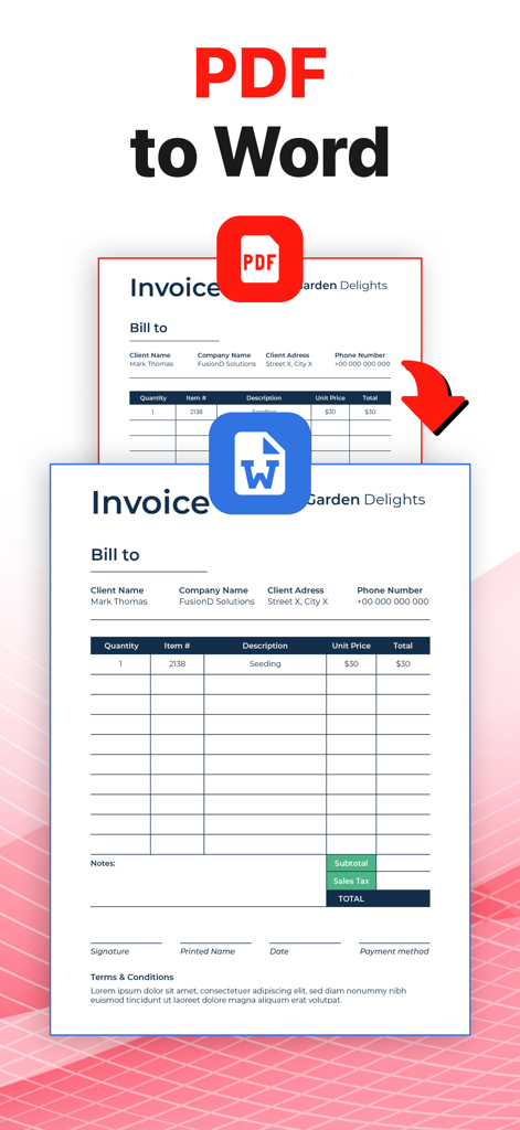 PDF to Word conversion feature showing an invoice document being converted