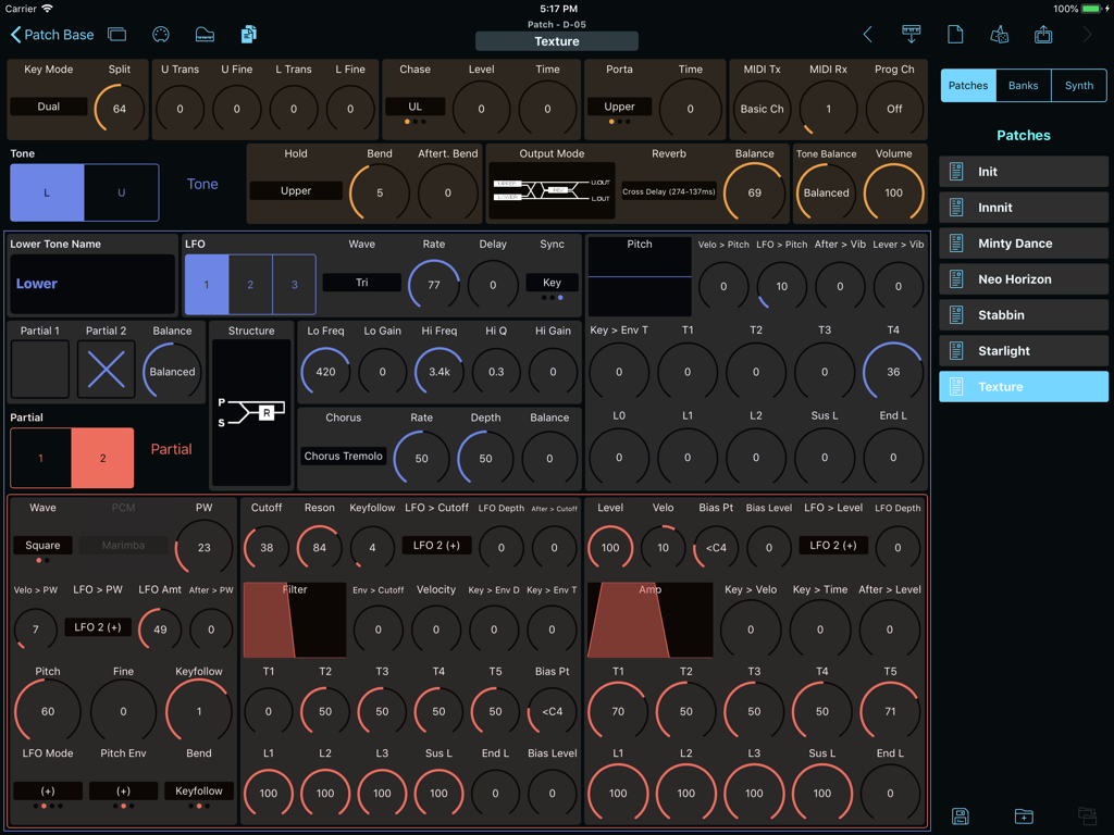 Interface do aplicativo Patch Base mostrando controles de edição de patch para o sintetizador Roland D-05
