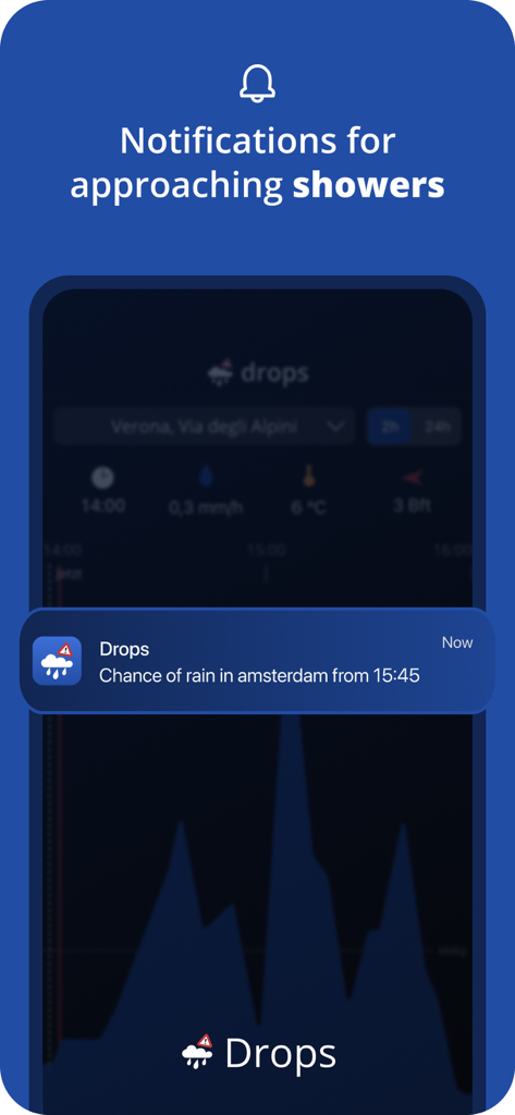 Capture d'écran de l'application Drops affichant une notification de pluie en temps réel pour les averses imminentes.