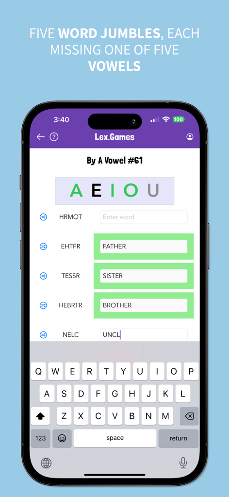 Lex.GamesアプリのBy A Vowelワードジャンブルゲームのインターフェース。