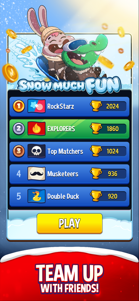 Match Masters game screen showing a leaderboard of top teams and a call to action to team up with friends.