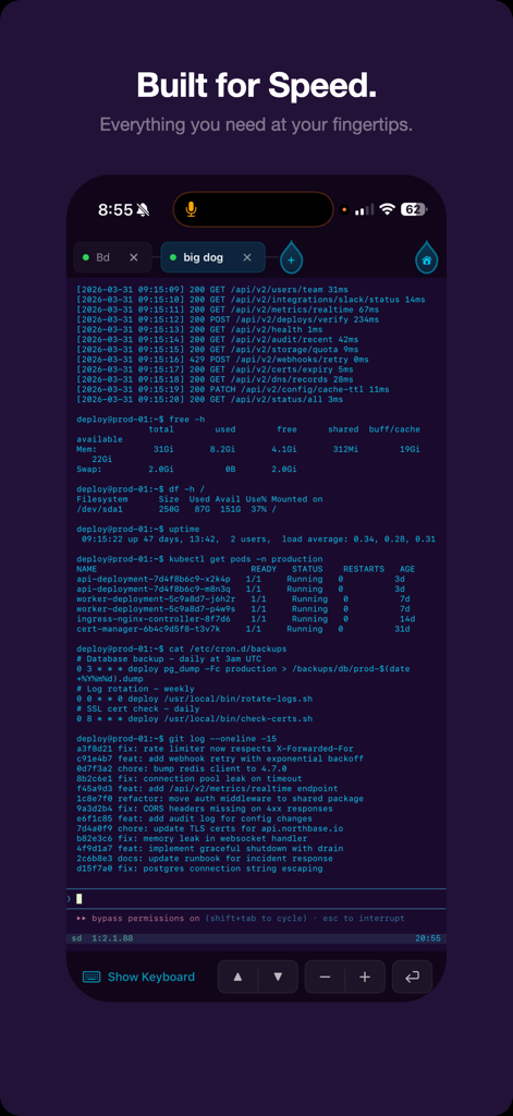 Shell Drop - Shell Drop mobile SSH terminal interface displaying server logs and developer tools