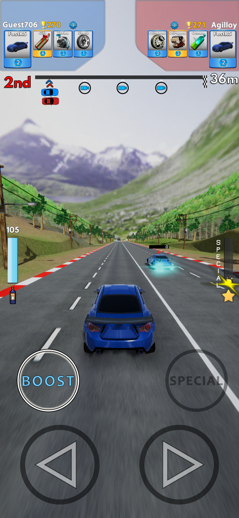 Racing Clash: Car Racing - Blue supercar racing against an opponent in a head-to-head PVP match on a scenic mountain road.
