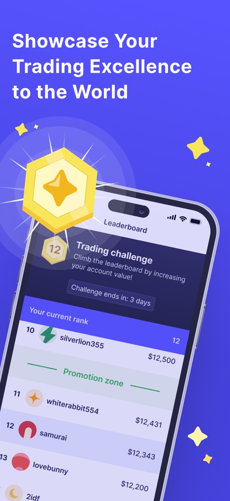 Prosperi Academy - Pantalla de la aplicación móvil Prosperi Academy que muestra una tabla de clasificación de desafíos de trading con clasificaciones de usuarios y valores de cuentas virtuales.