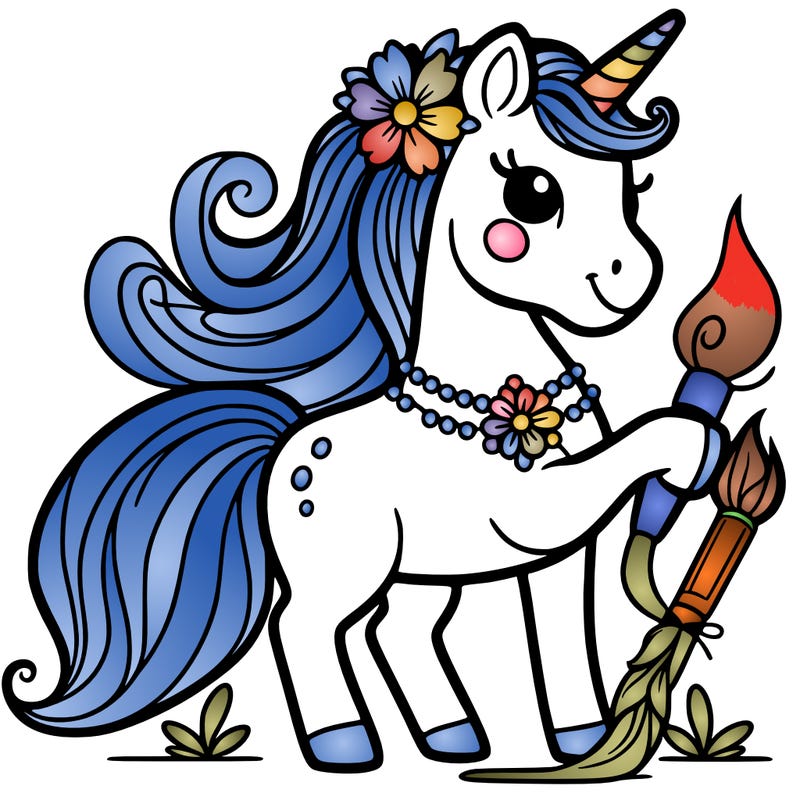 unicorn on hind legs with a paintbrush and a flower pendent around her neck