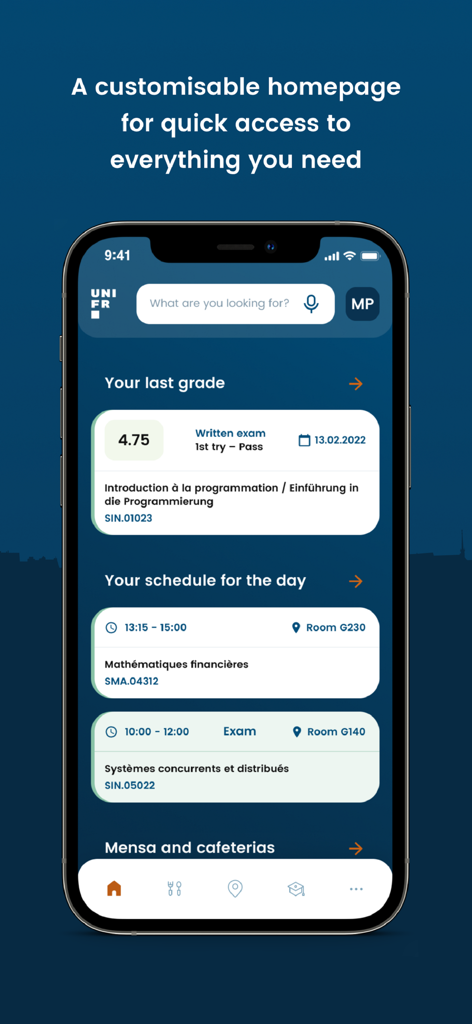 Painel do aplicativo UNIFR Mobile mostrando widgets de notas do aluno e agenda diária de aulas.