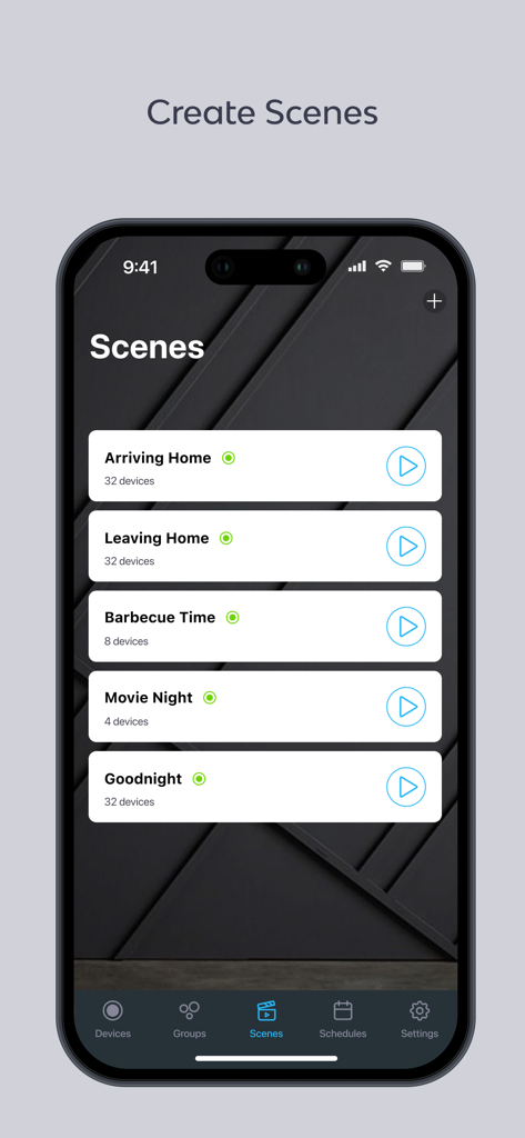 Bond Home app interface showing smart home automation scenes for fans and shades