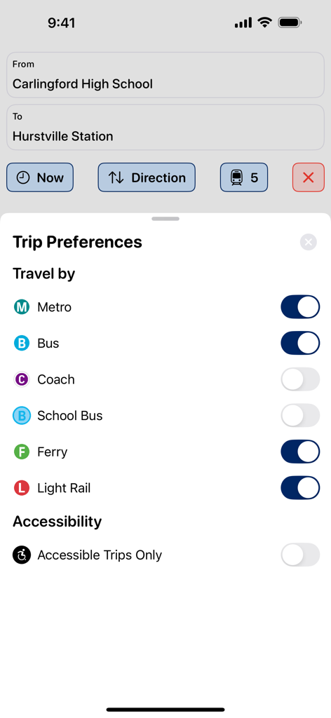 Trip preferences menu showing transport mode filters and accessibility settings in the Transport NSW app