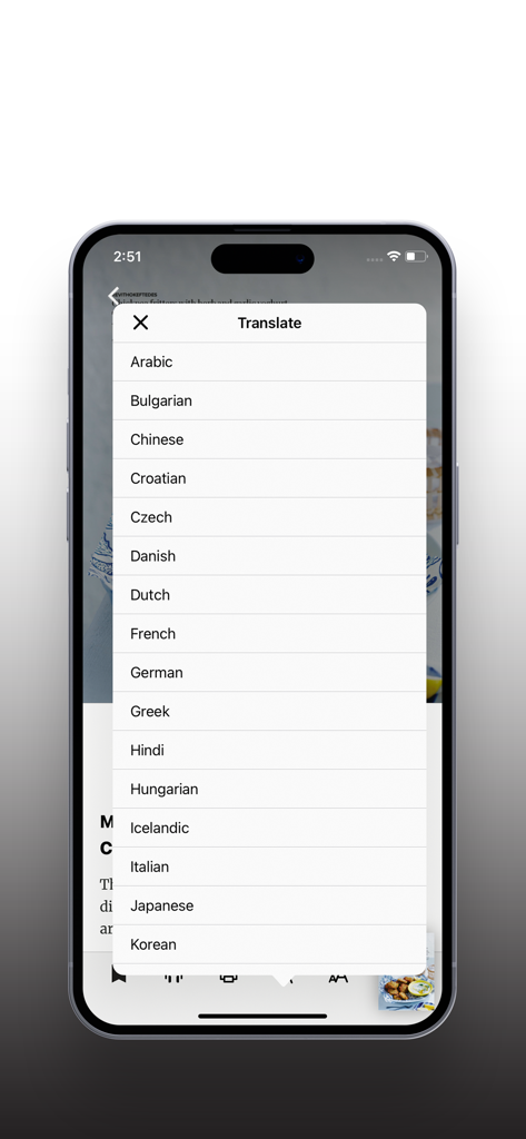 Gourmet Traveller - Sprachübersetzungsmenü in der Gourmet Traveller App mit einer Liste verfügbarer Sprachen für internationale Essens- und Reiseinhalte.