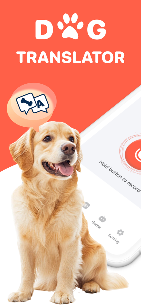 Un perro golden retriever en una pantalla de presentación de la aplicación Dog Translator con un botón de grabación en un smartphone