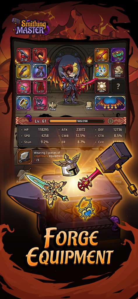 Smithing Master - Bildschirm für Charakterausrüstung und Schmiedeamboss im Mobile Game Smithing Master.