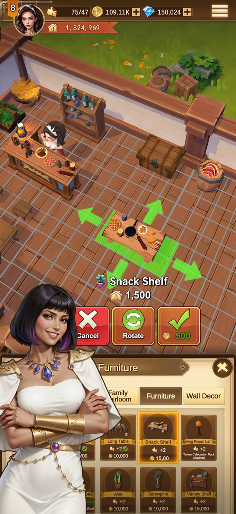 Customizing a medieval tavern interior in Tavern Legend with furniture options and a female hero