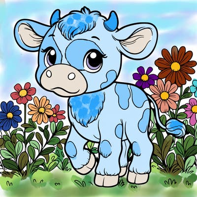 baby cow in a field of flowers