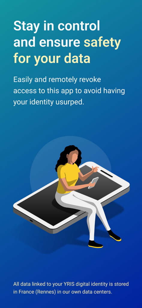 Yris - Interfaz de la aplicación Yris destacando la seguridad de los datos de identidad digital y el almacenamiento seguro en Francia.