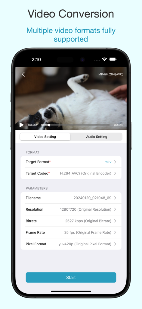 FormatX - All Media Converter - Interface of FormatX app for video conversion showing custom settings like format and resolution