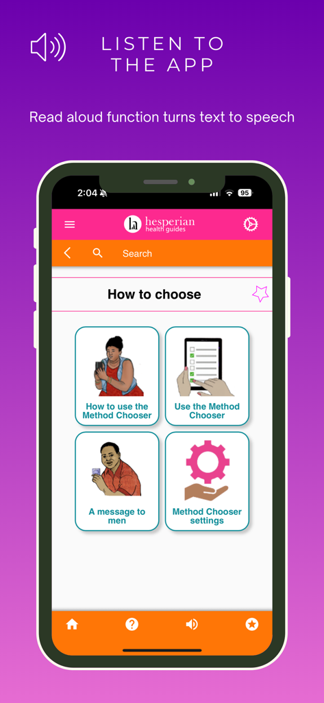 Family Planning - Family Planning app screen showing the method chooser and text to speech feature
