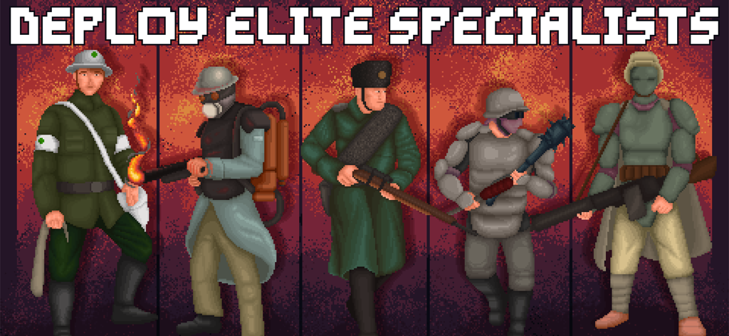 Unidades especializadas de elite da 1ª Guerra Mundial em pixel art, incluindo médico, lança-chamas e sentinela blindada