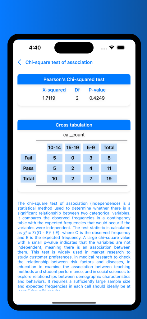 StatPro: Data Analytics - A mobile screen showing Chi-square test results with cross tabulation and an educational summary from the StatPro app.