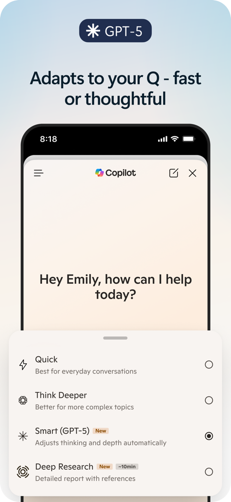 Microsoft Edge Copilot interface showing options to select AI response modes like Quick and GPT-5 Smart