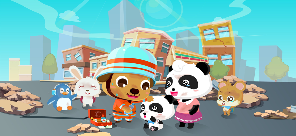 Cartoon-Rettungshund, der einem Panda-Baby und Tierfreunden in einem Erdbeben-Katastrophengebiet mit beschädigten Gebäuden und einem Erste-Hilfe-Set hilft.