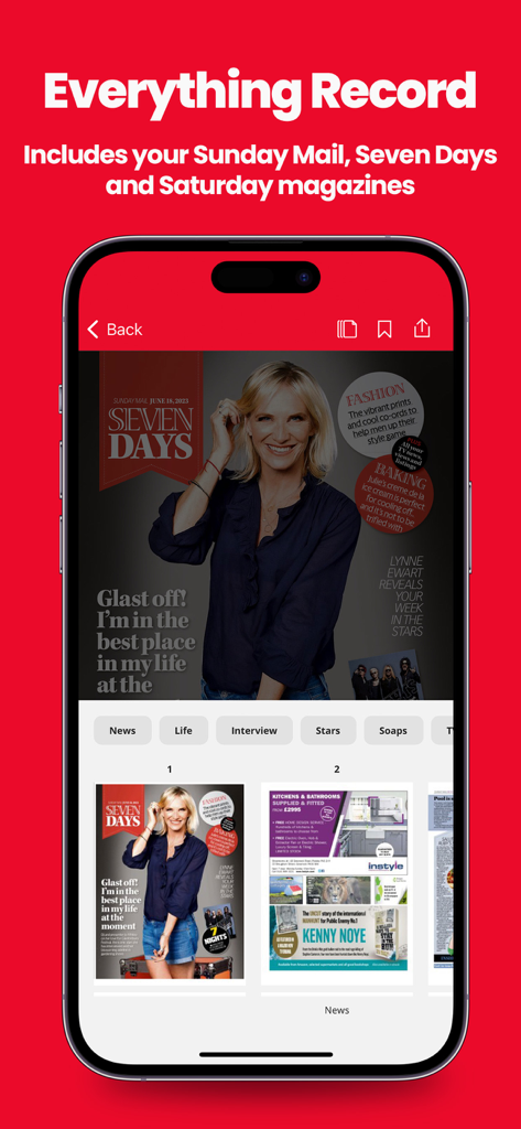 Daily Record app interface showing digital magazine covers for Sunday Mail and Seven Days