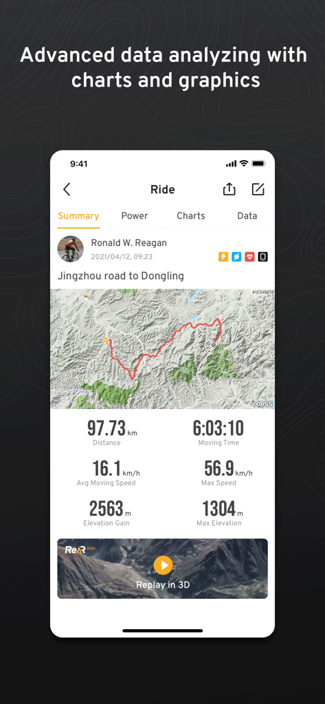 XOSS cycling app ride summary screen showing a GPS map and detailed performance statistics