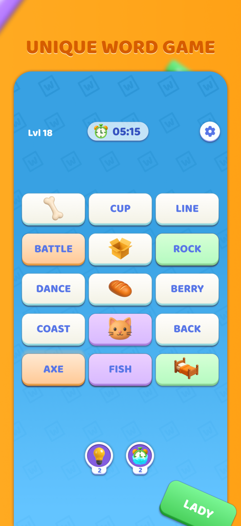 Words Merge - Uma captura de tela móvel do jogo de quebra-cabeça Words Merge mostrando uma grade de peças de palavras e peças de ícones em um fundo azul.
