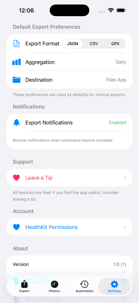 Health Data Export - Settings screen of the Health Data Export app showing options for export formats like JSON and CSV plus notification settings.