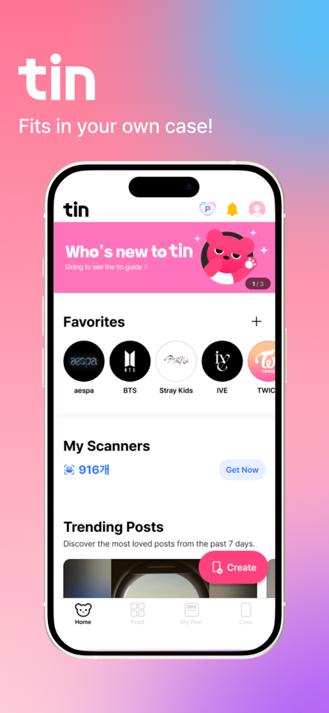Pantalla de inicio de la app de photocards K-pop tin mostrando grupos favoritos como BTS y aespa
