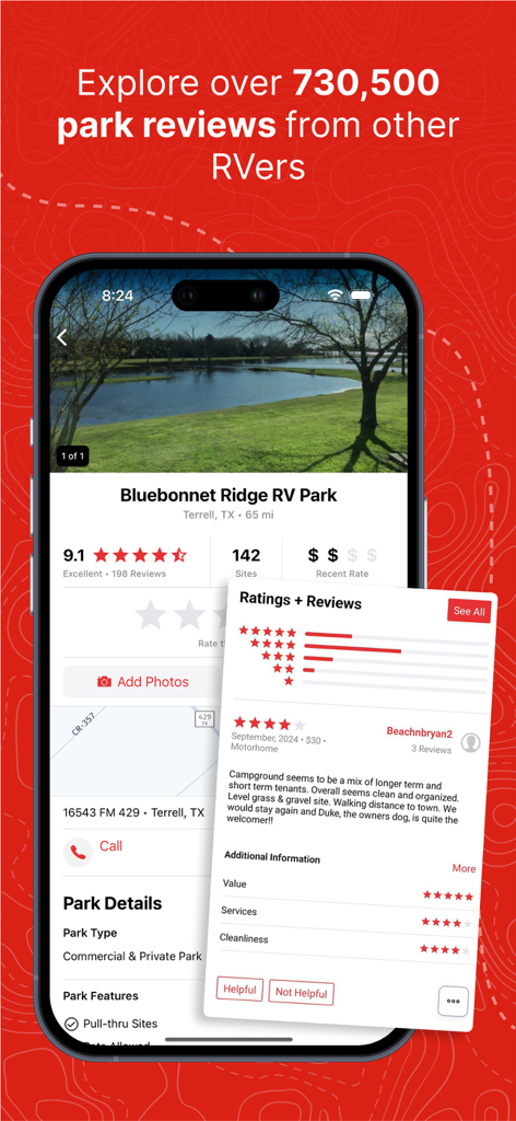 RV LIFE app interface showing campground reviews and ratings for RV travelers.