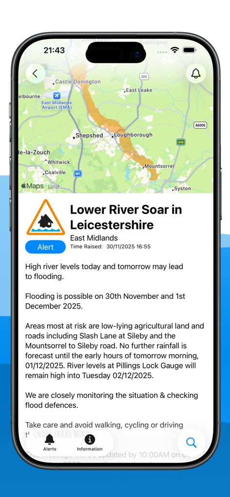 Flood Alert Watcher - Screenshot of the Flood Alert Watcher app showing a detailed flood alert and interactive map for the Lower River Soar in Leicestershire