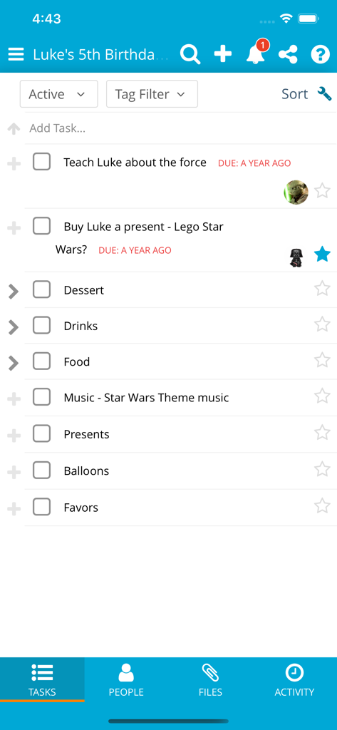 Lista de tareas para un proyecto de fiesta de cumpleaños en la aplicación de gestión de proyectos Manage It.