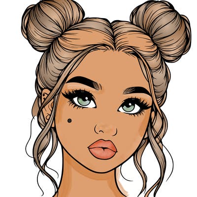 realistic girl with two buns on her hair and lips