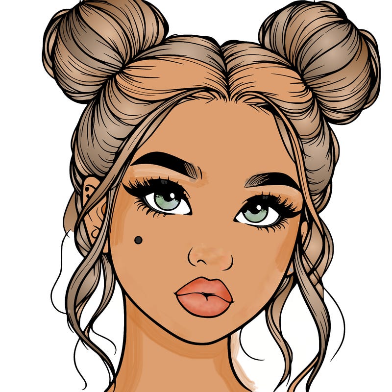 realistic girl with two buns on her hair and lips