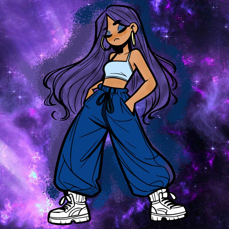 girl in baggy pants crop top and long hair