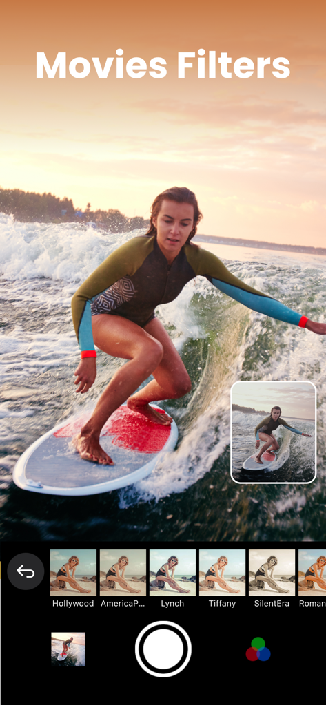Filter Camera & Photo Editor - Filter Camera app interface showing movie-themed filters applied to a woman surfing on a wave