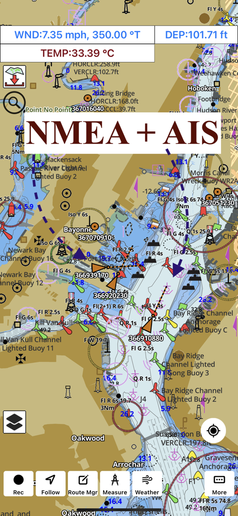 i-Boating app displaying marine charts with NMEA and AIS navigation data