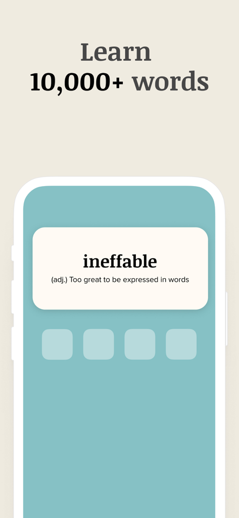 Interface de l'application Vocabulary montrant une carte de mot pour « ineffable » et le texte « Apprenez plus de 10 000 mots »