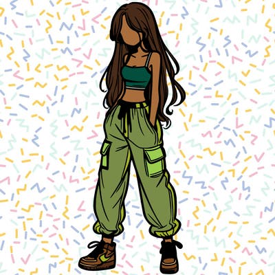 girl in baggy pants crop top and long hair