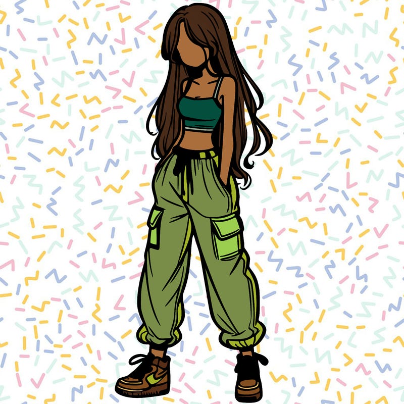 girl in baggy pants crop top and long hair