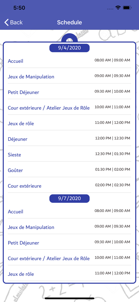 iCare Kids - Täglicher Zeitplan des Kindergartens für Kinder in der iCare Kids Mobile App