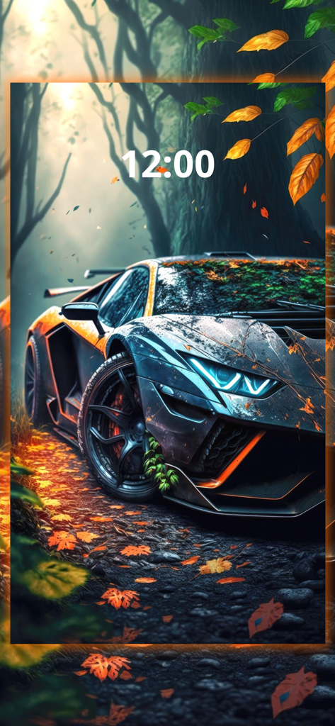 Car Wallpaper 4k - Un fondo de pantalla 4K de alta resolución de un Lamborghini supercar negro personalizado en un entorno de bosque otoñal como pantalla de bloqueo del iPhone