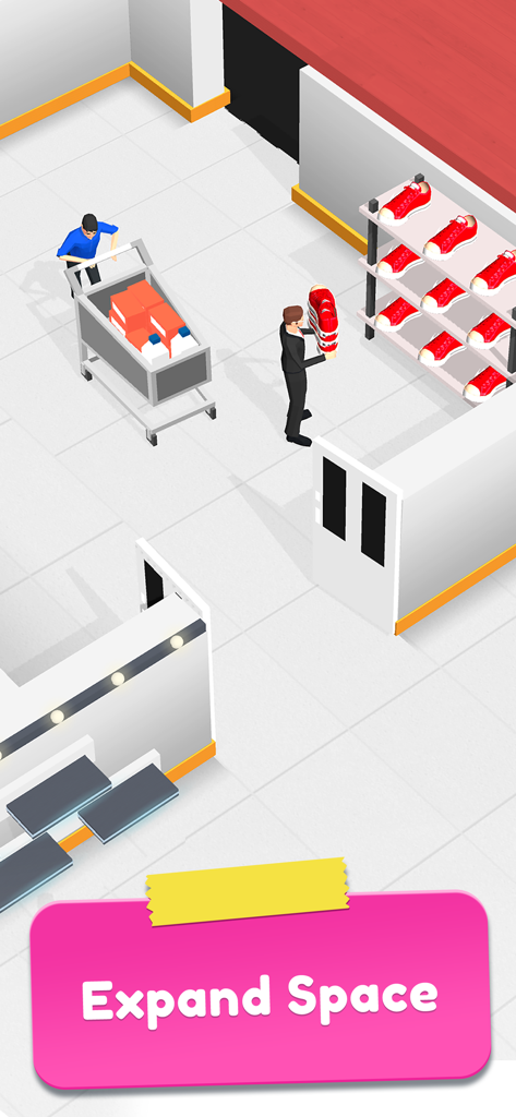 My Shopping Rush: Manage Mall - Personagens reabastecendo prateleiras com sapatos e gerenciando estoque em um jogo de magnata de shopping.