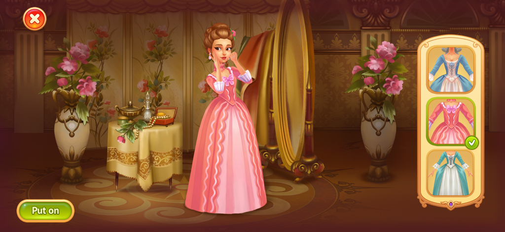 Storyngton Hall: Match 3 games - A female character in a Regency-style dress choosing an outfit in a room with flower vases and a mirror