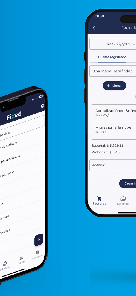 Fixed Facturación Electrónica - Interfaz móvil de la aplicación Fixed Facturación Electrónica mostrando la pantalla de creación de facturas y la lista de servicios.