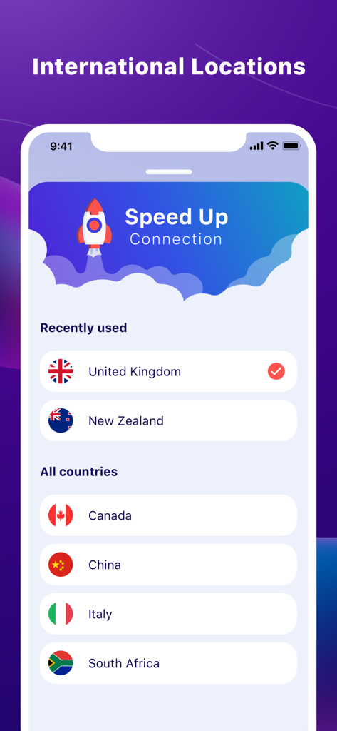 Interfaz de la aplicación VPN Proxy Master que muestra una lista de ubicaciones de servidores internacionales, incluyendo Reino Unido, Canadá y China