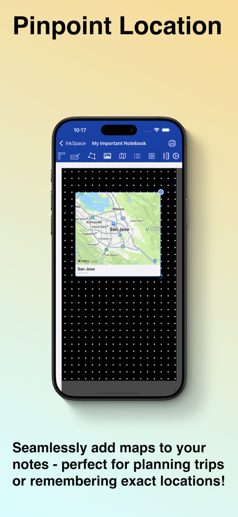 InkSpace-App-Funktion, die eine Karte zeigt, die in eine digitale Notizbuchseite auf einem Smartphone integriert ist