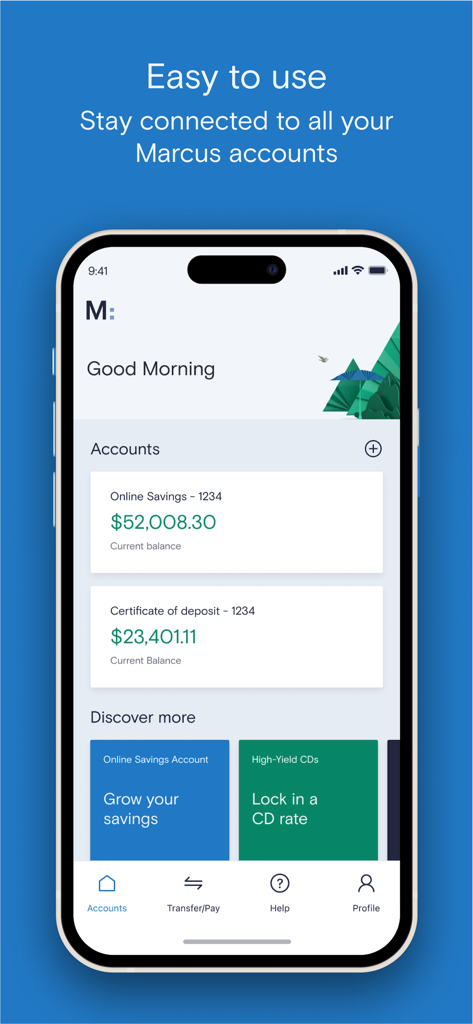 Painel do aplicativo Marcus by Goldman Sachs mostrando saldos de contas de poupança online e certificados de depósito